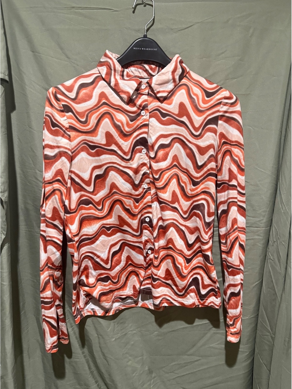 70’s style Orange brown swirl long sleeve button up